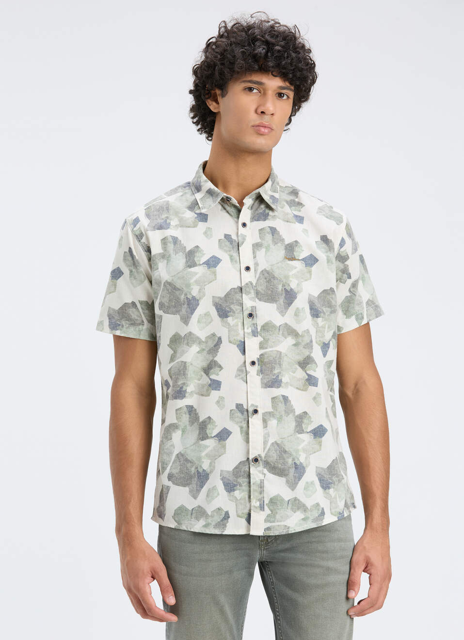 Men Olive Camouflage Print Short Sleeve Shirt, , large image number 1
