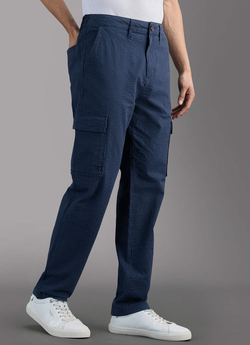 Men Navy Striped Mid Rise Cargo Pants, , large image number 0