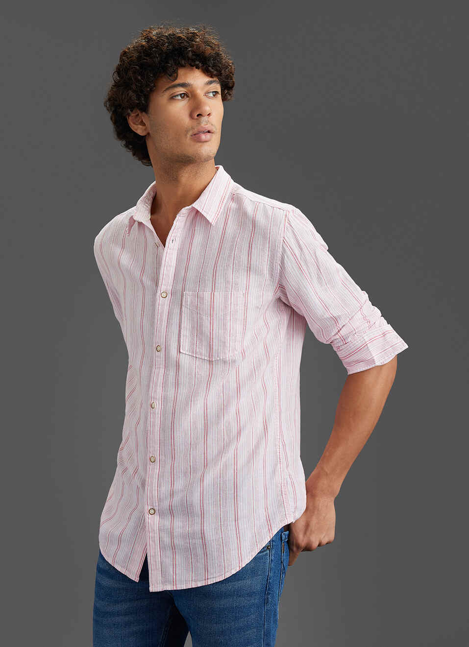 Men Pink Striped Regular Fit Full Sleeve Casual Shirt, , large image number 7