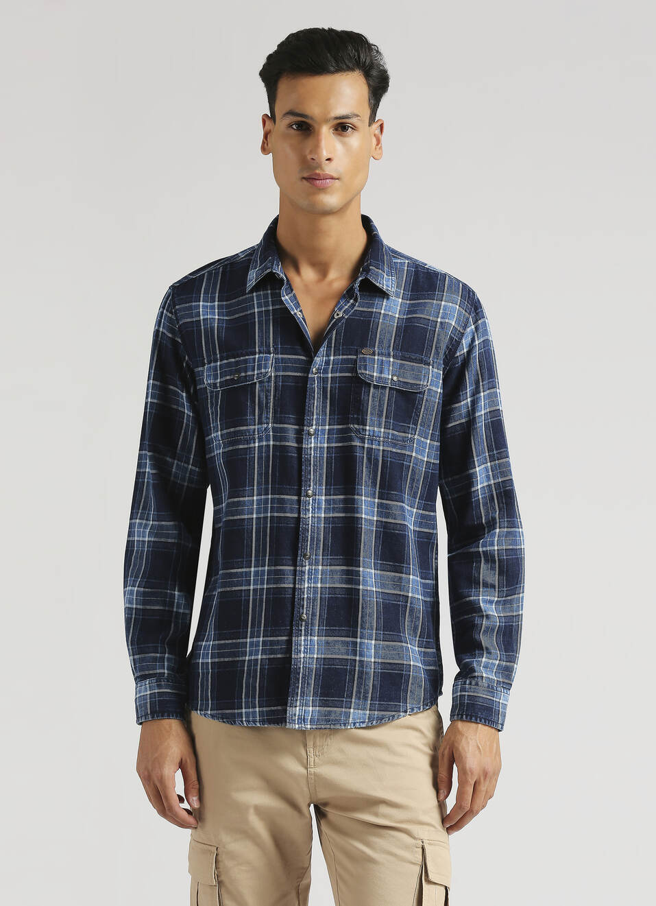 Yarn-dyed Checks Indigo Long Sleeve Shirt, , large image number 1