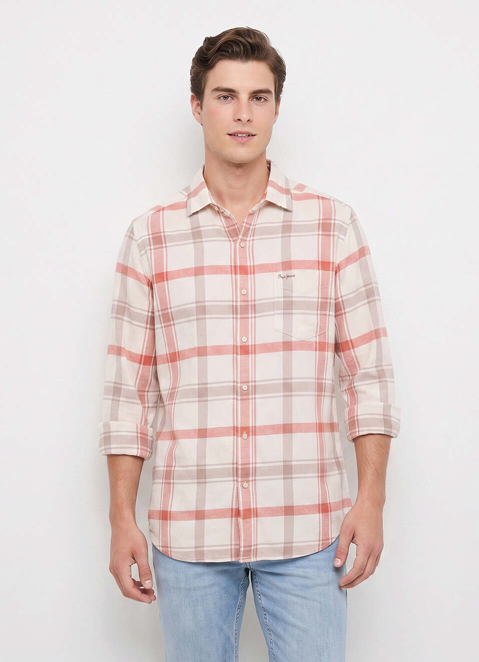 Men Off White Checked Brushed Long Sleeve Shirt, , large image number 1
