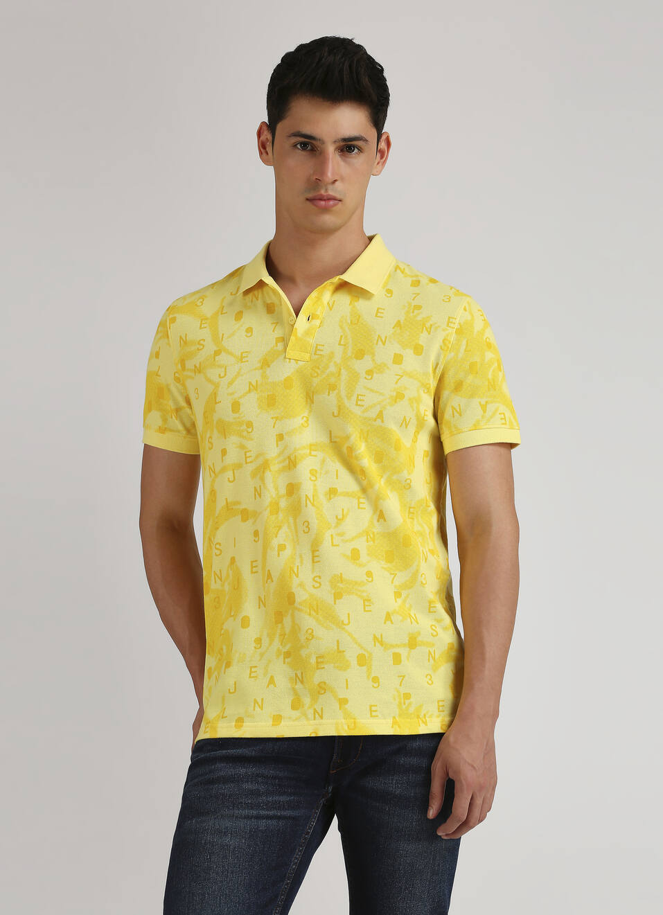 Yellow Typographic Print Pique Short Sleeve Polo, , large image number 0