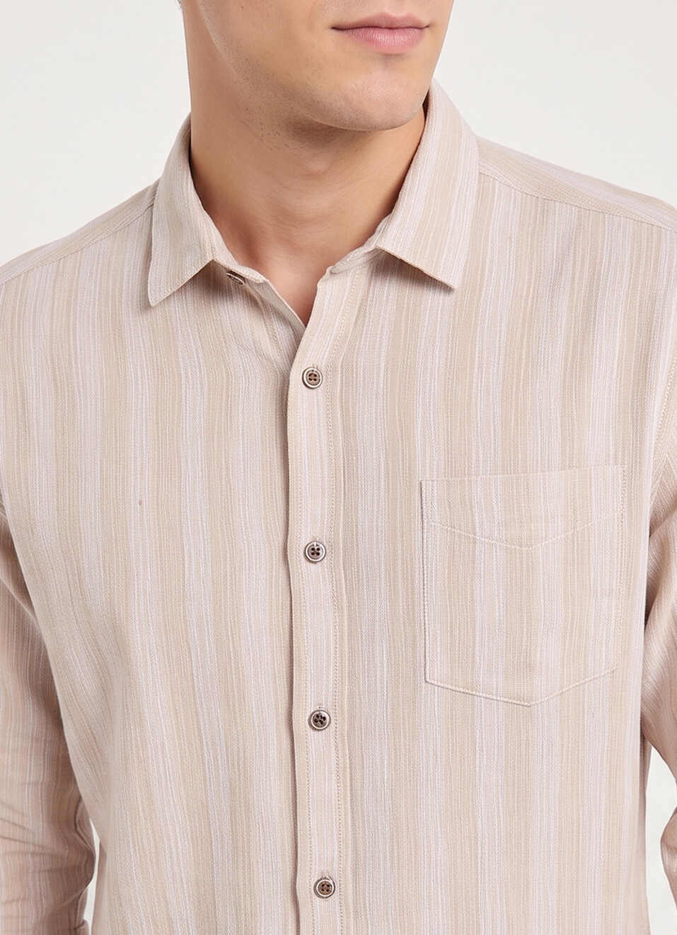 Men Beige Striped Dobby Long Sleeve Shirt, , large image number 4