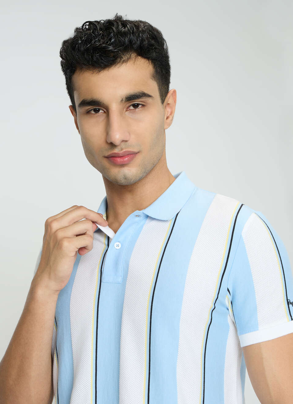 Men Blue Striped Polo Collar T-shirt, , large image number 4