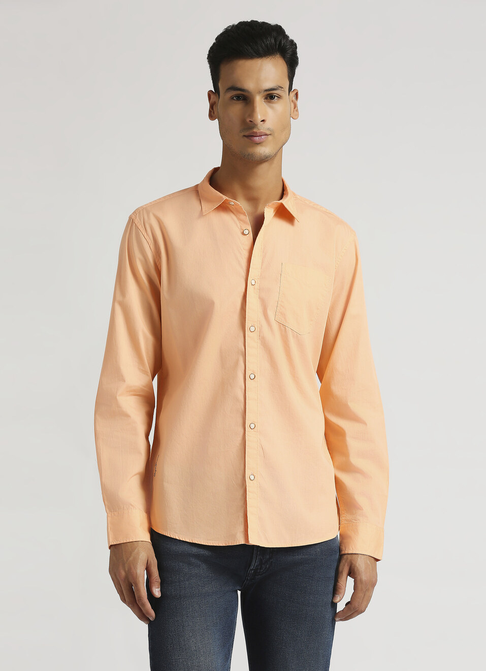 Peach Solid Single Pocket Long Sleeve Shirt, , large image number 0