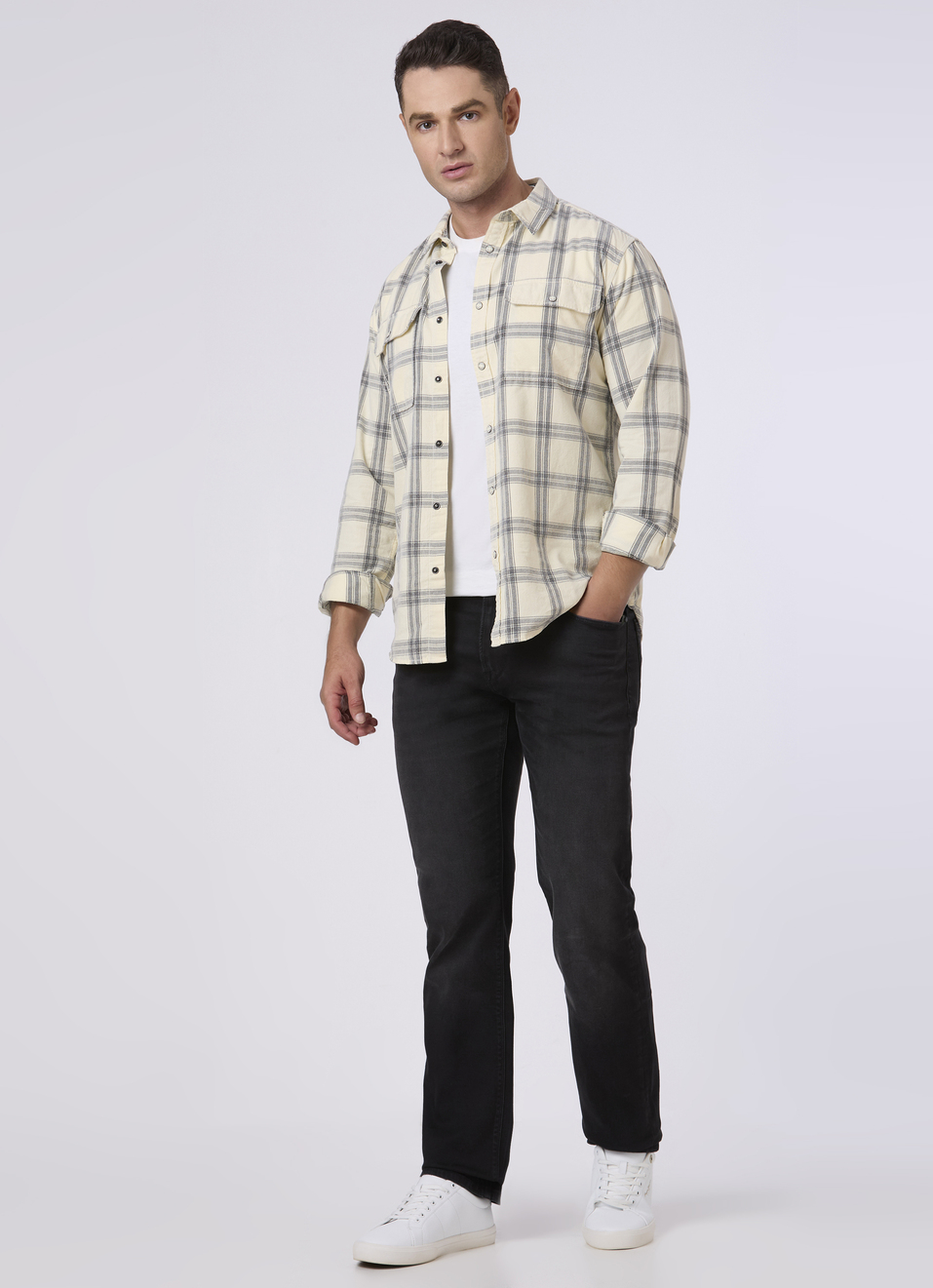 Men Off White Checked Flap Pocket Casual Shirt, , large image number 5
