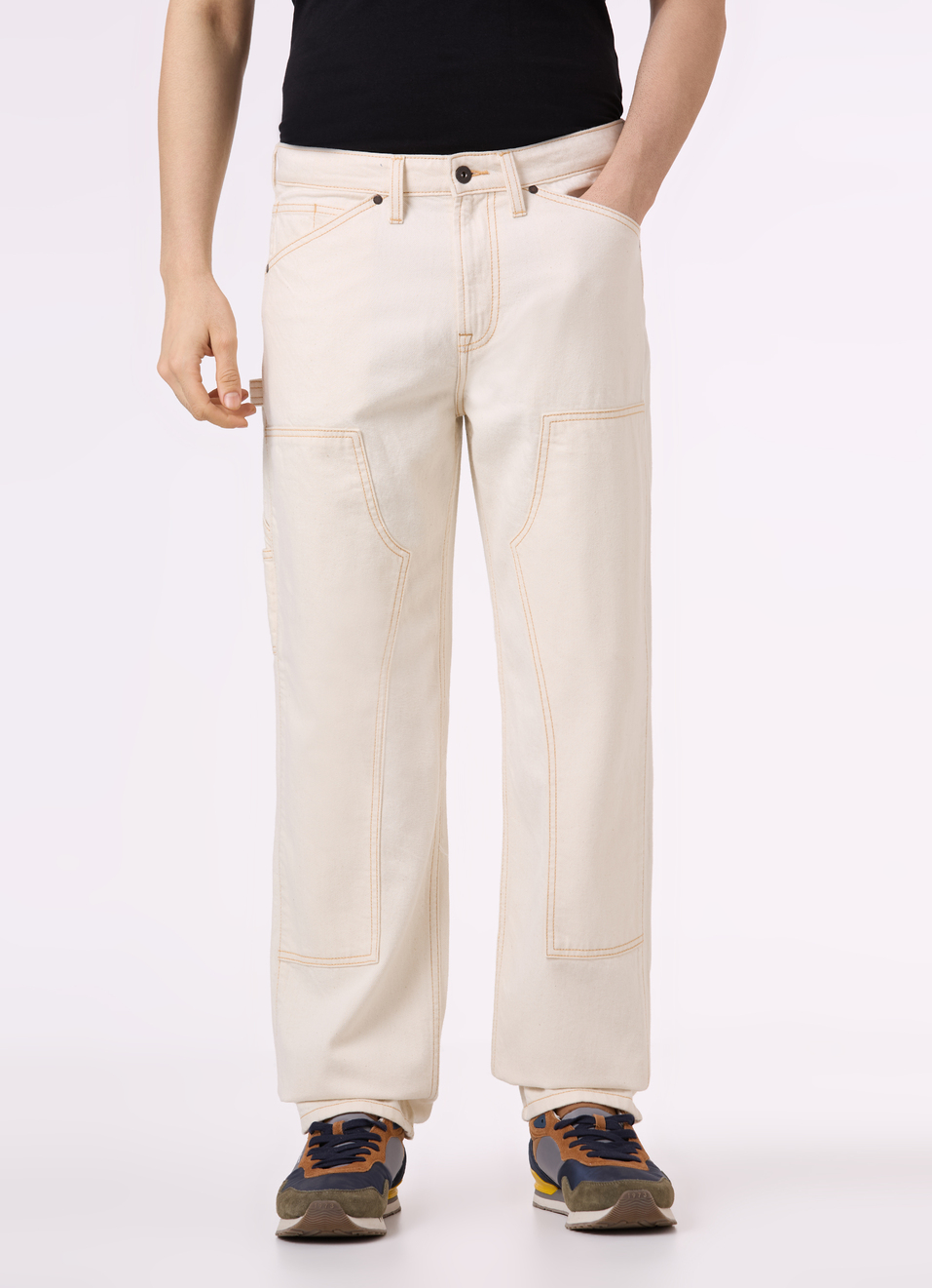 Men Ecru Baggy Fit Mid Rise Utility Jeans, , large image number 1
