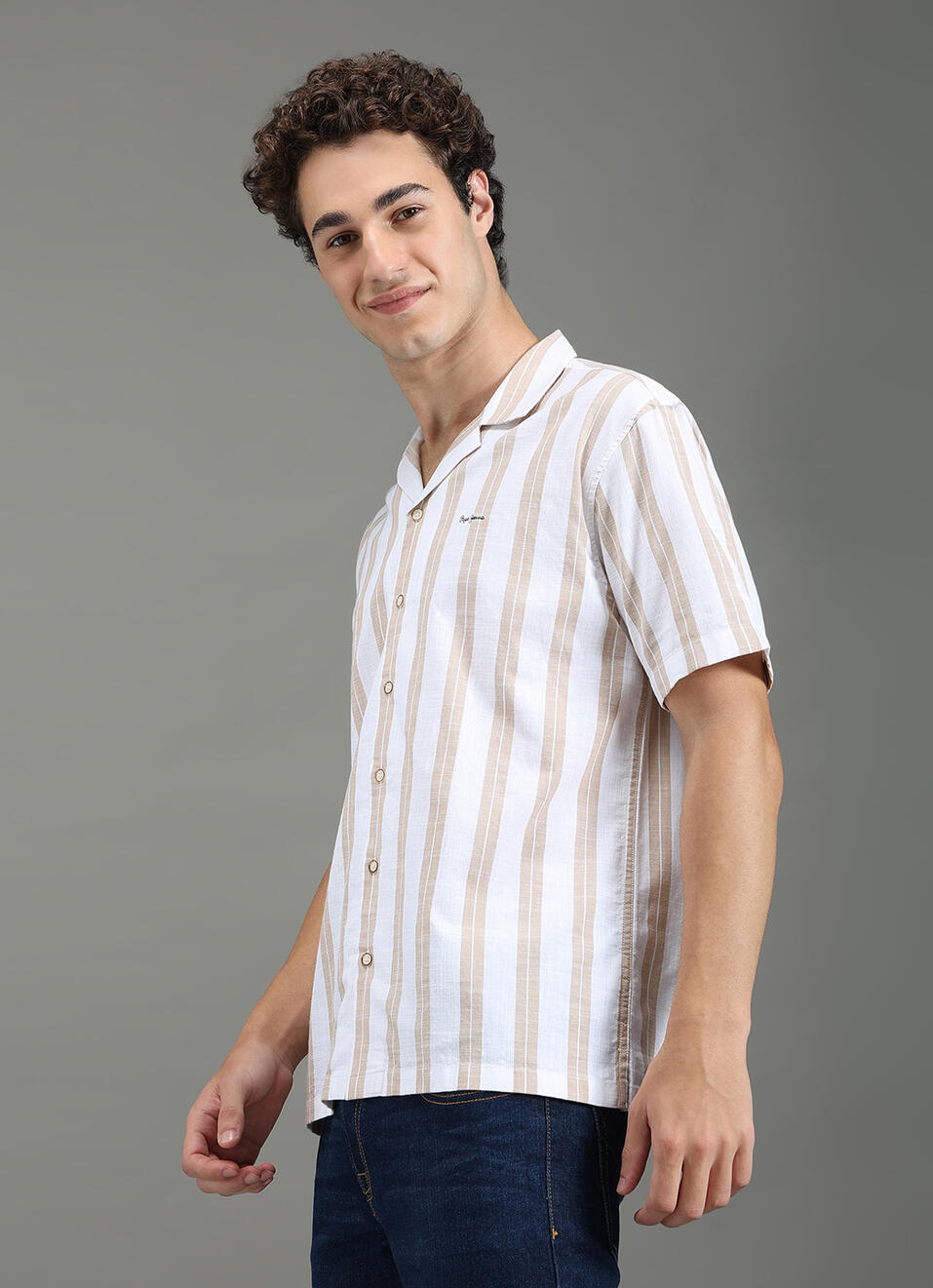 Men Beige Striped Resort Collar Shirt, , large image number 7