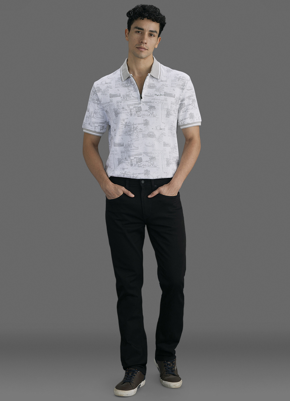 Men Grey Printed Polo Collar T-shirt, , large image number 2