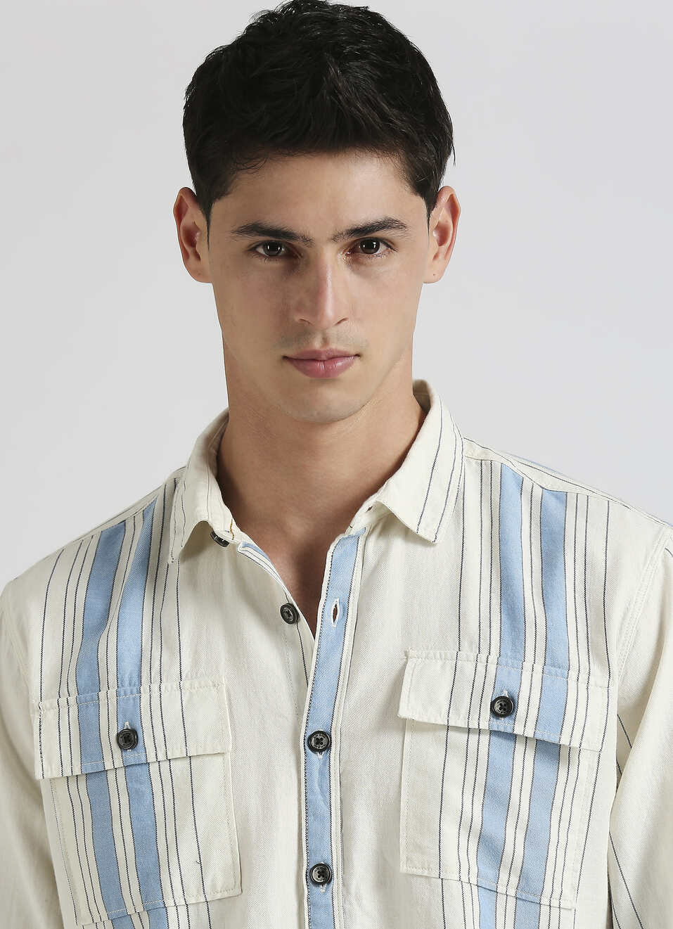 Ecru Stripes Long Sleeve Double Pocket Shirt, , large image number 4