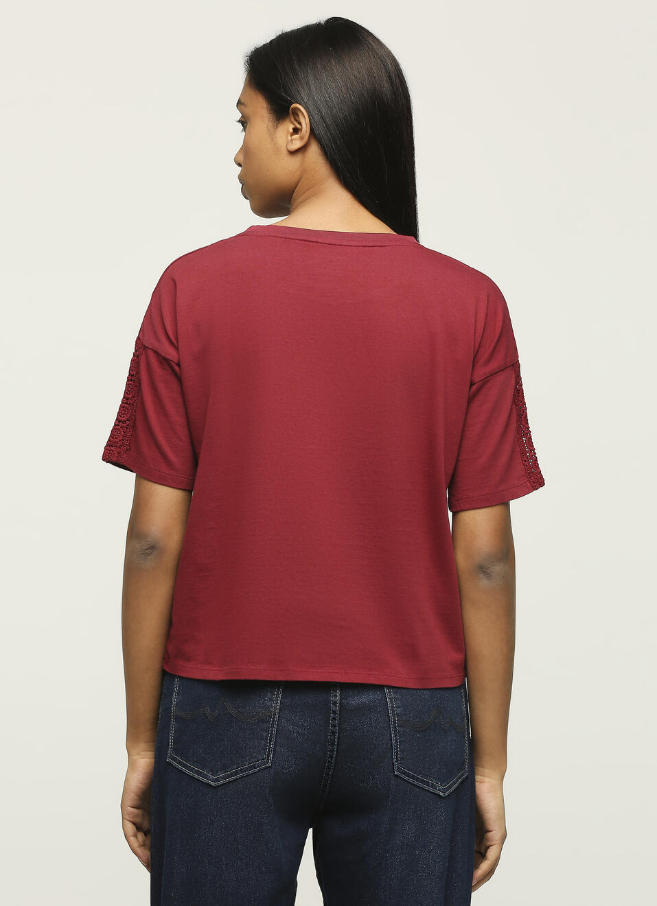 Burgundy Round Neck Short Sleeve T-shirt, , large image number 2
