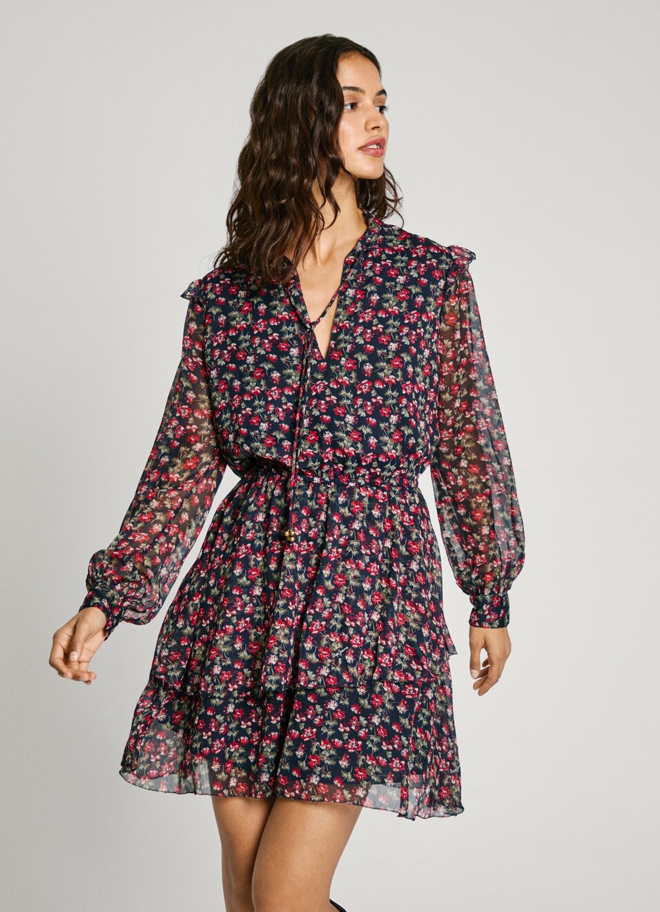 Brown Floral Mini Dress, , large image number 0