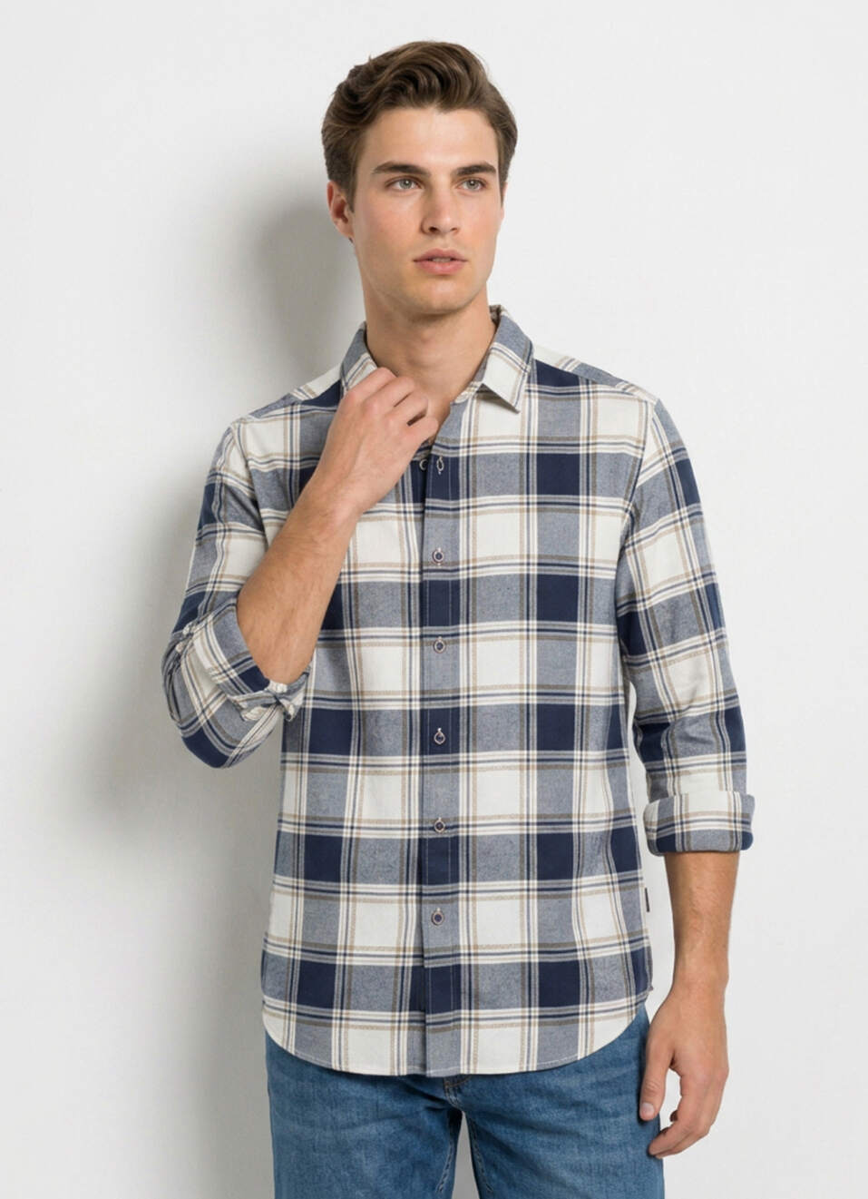 Men Blue Checked Dobby Long Sleeve Shirt, , large image number 1