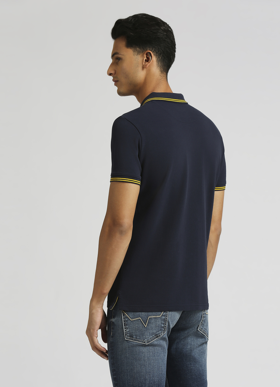 Navy Flock Print Contrast Tipping Detail Polo, , large image number 2