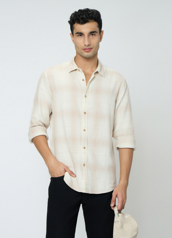 Men Off White Checked Shirt