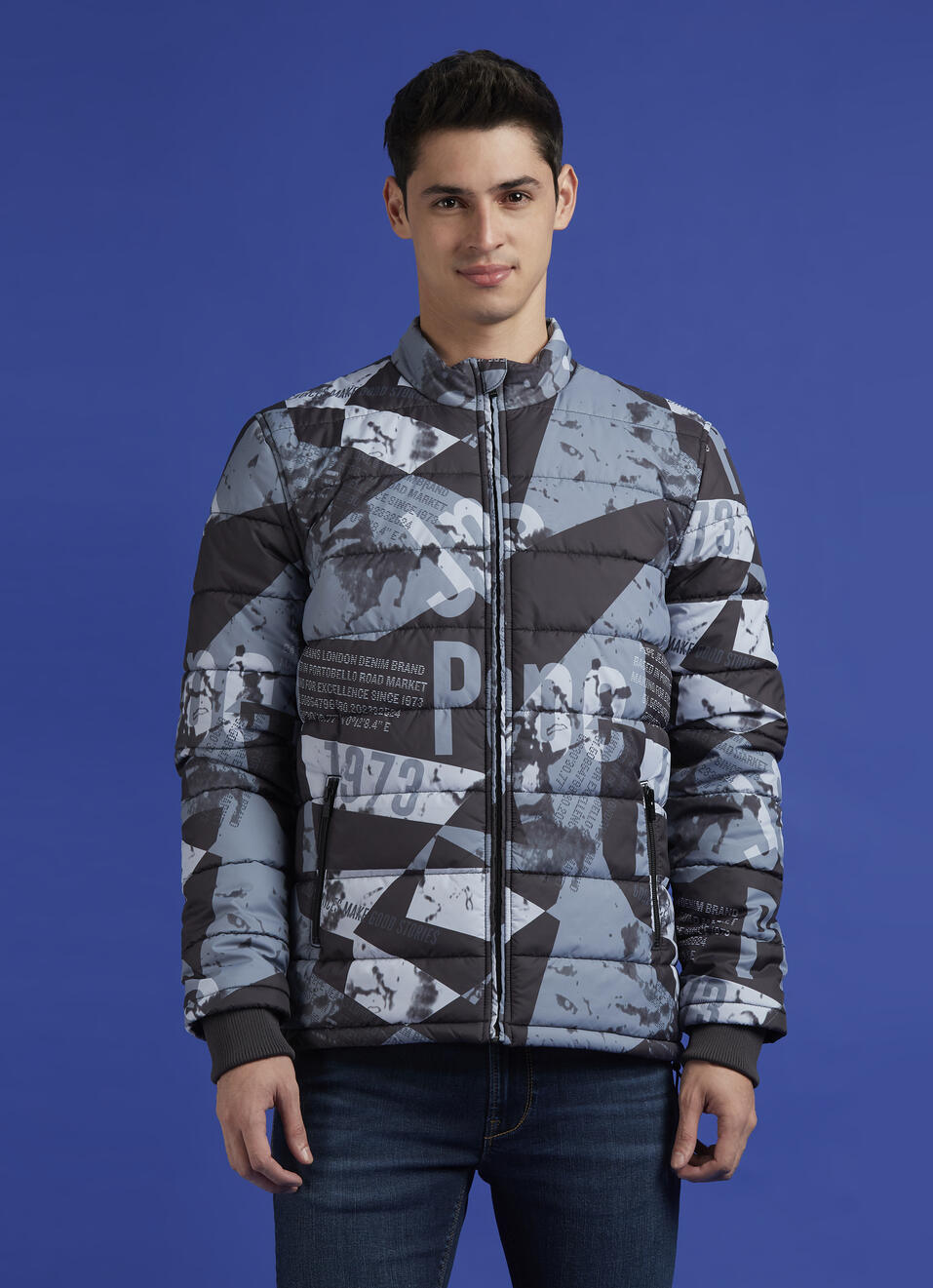 Black Abstract Print Full Sleeve Bomber Jacket, , large image number 1