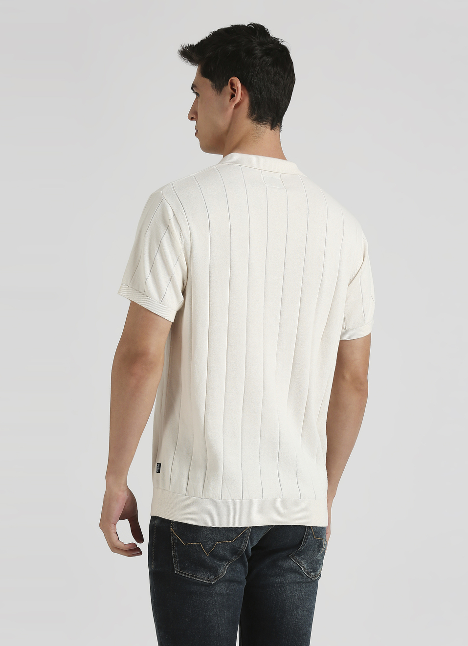 Off White Self Structured Striper Short Sleeve Polo , , large image number 2