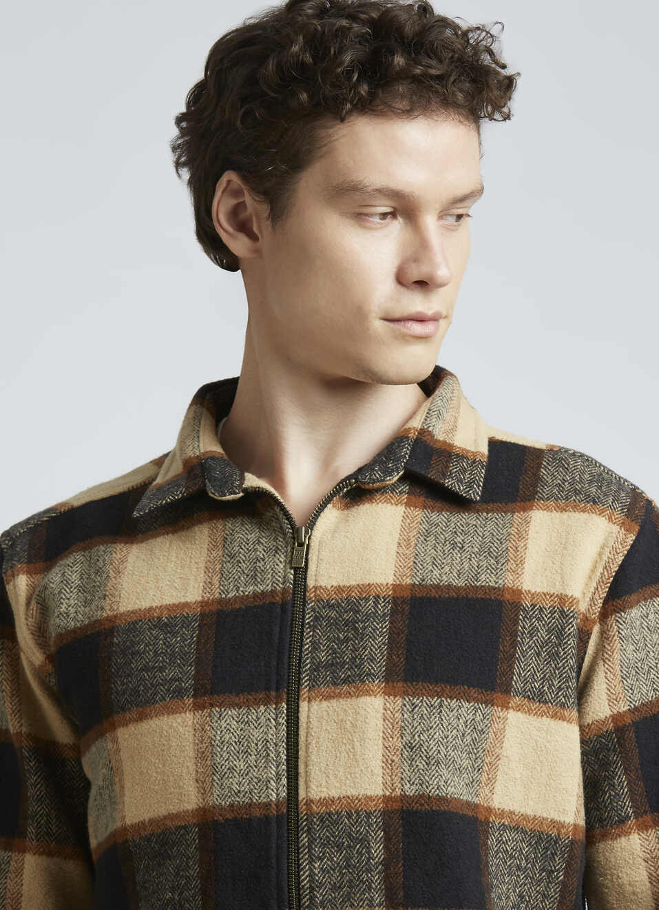 Brown Checks Full Sleeve Zipper Oversized Shirt, , large image number 4