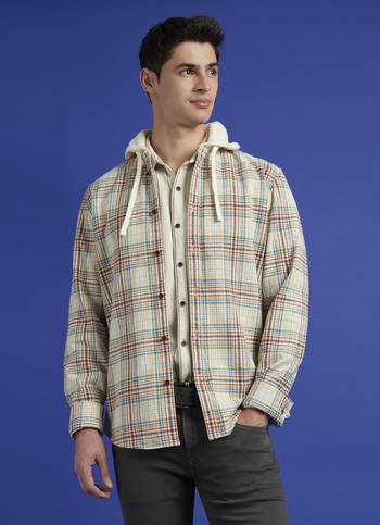 Ecru Check Full Sleeve Hooded Shirt