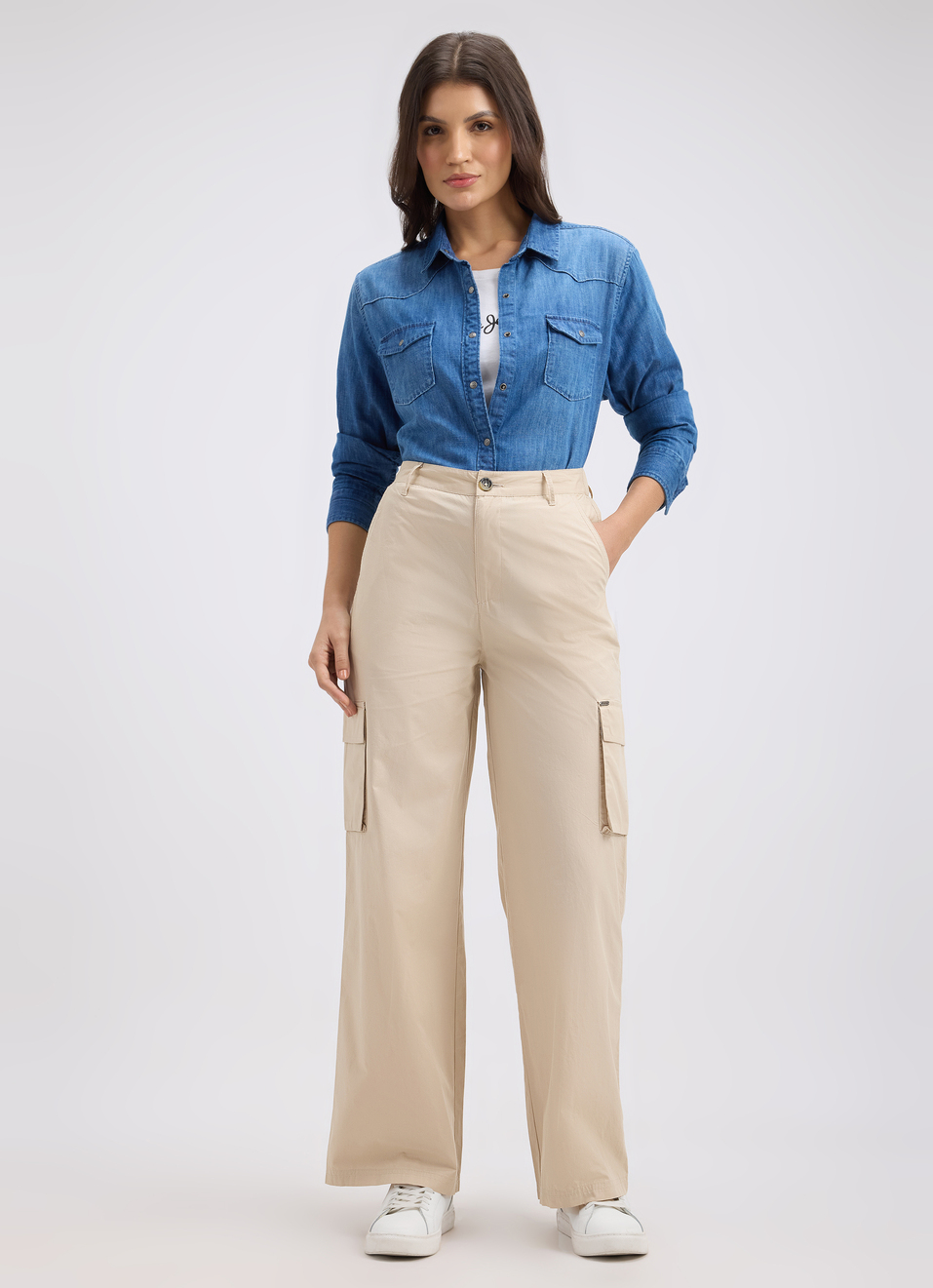 Women Beige Mid Rise Wide Leg Cargo Pants, , large image number 0