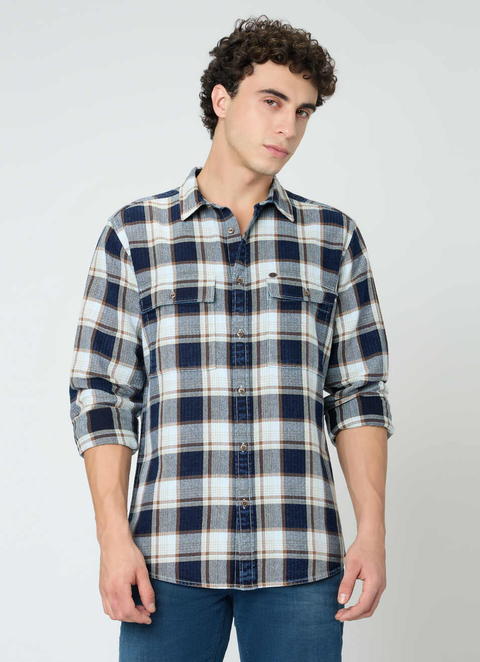 Men Indigo Blue Checked Shirt, , large image number 1