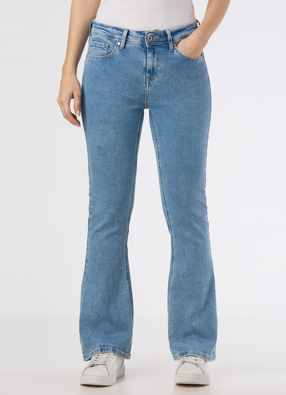 Women Light Blue Mid Rise Flared Stretchable Jeans, , large image number 1