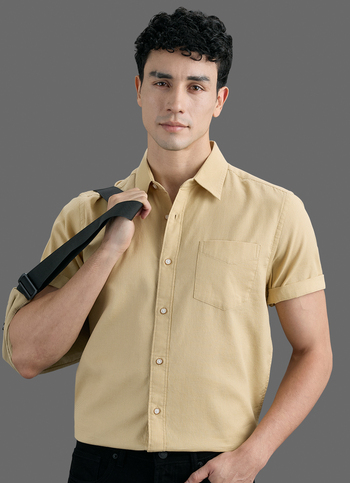 Men Beige Solid Dobby Short Sleeve Shirt
