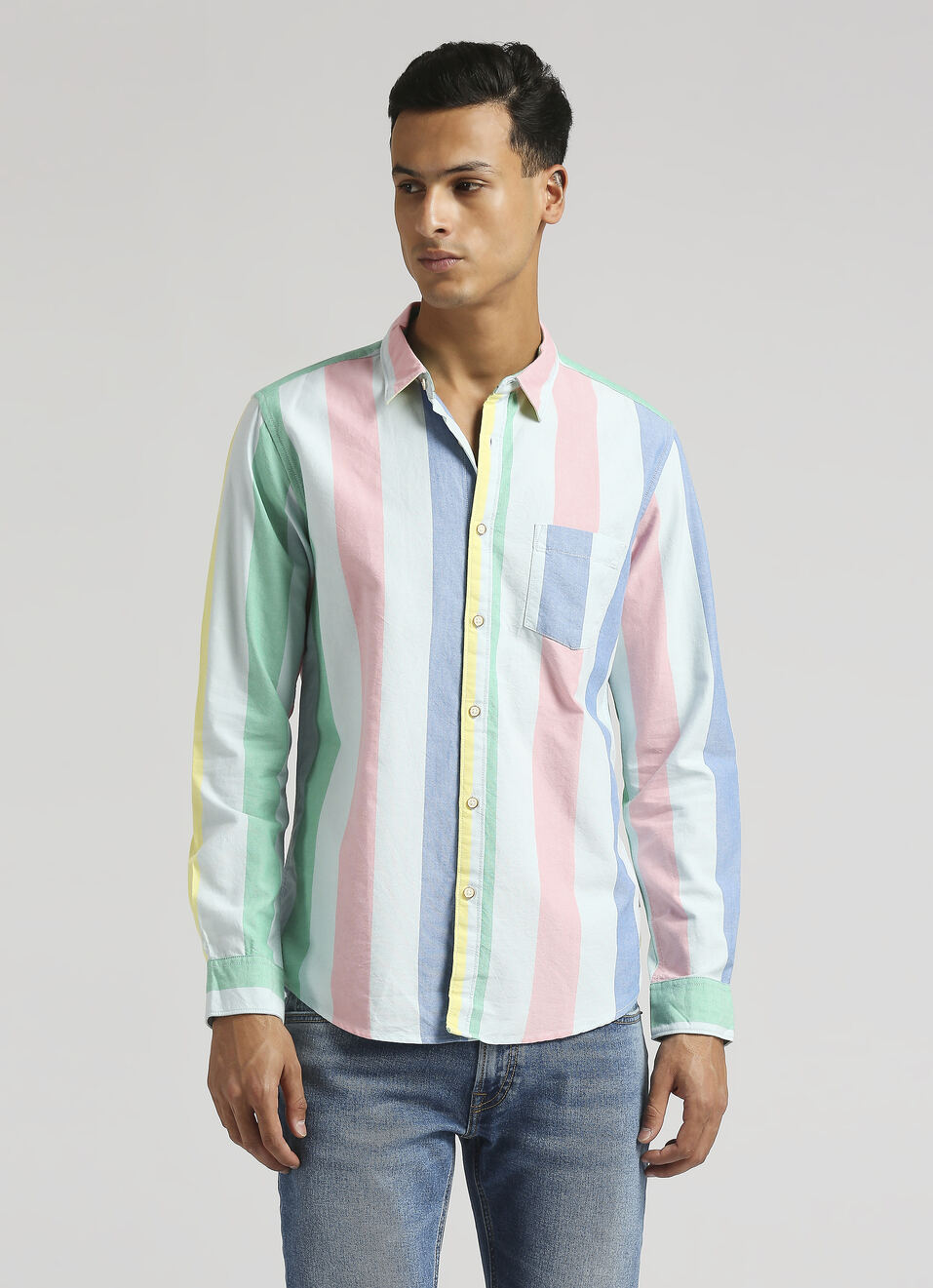 White Broad Stripes Yarn Dyed Long Sleeve Shirt, , large image number 1