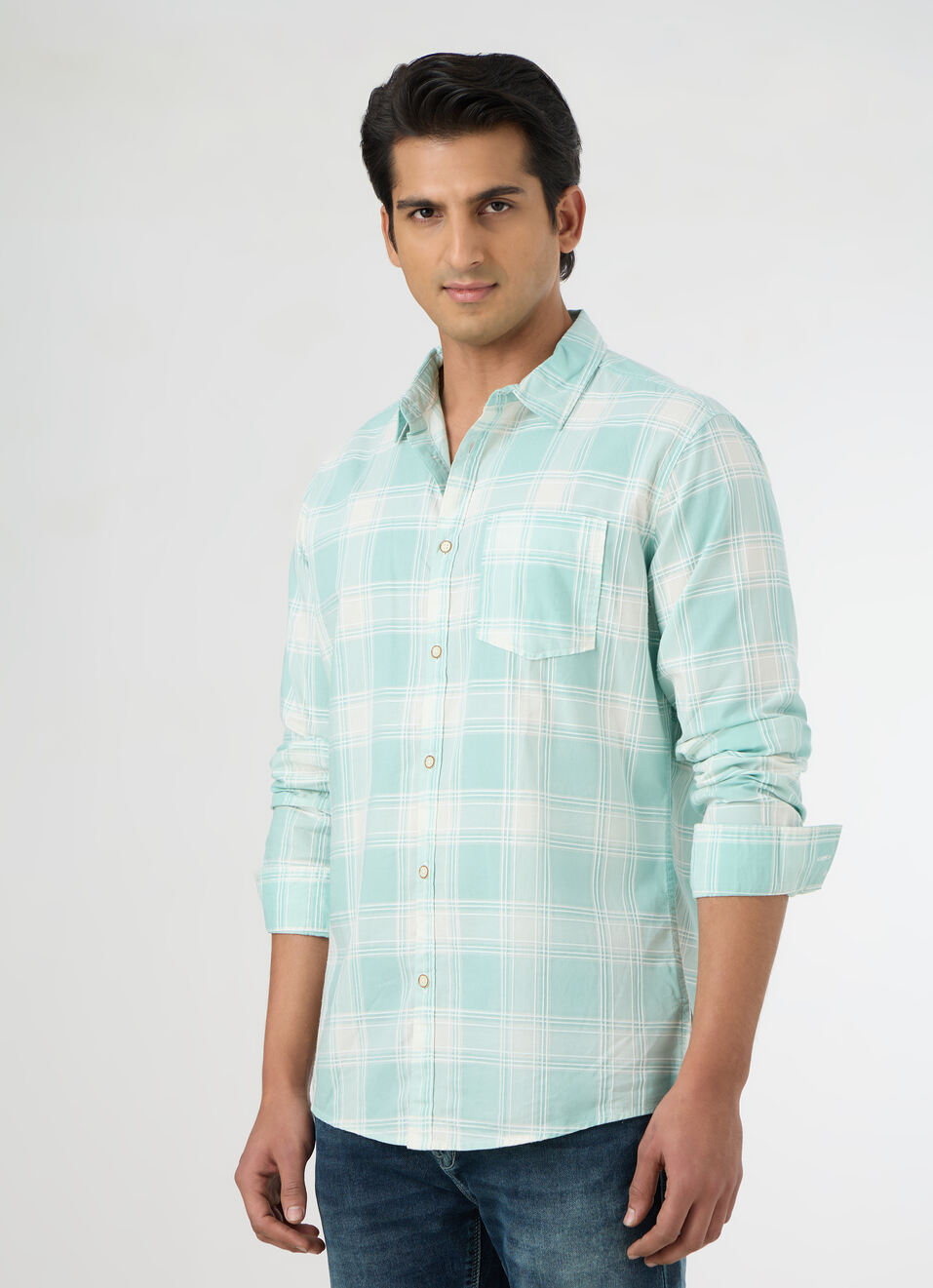 Men Aqua Blue Checked Shirt, , large image number 3