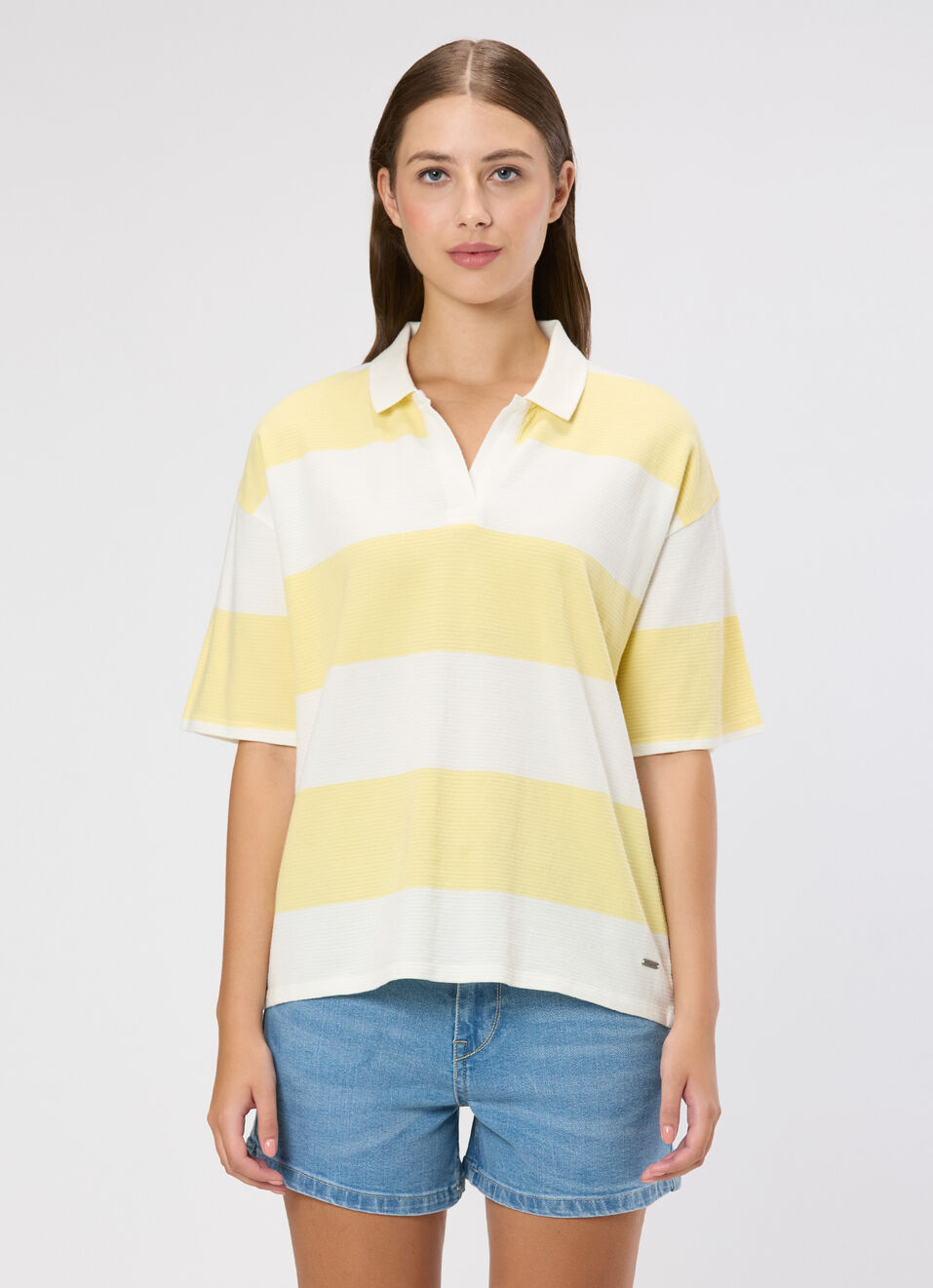 Women Yellow Striped Polo Collar T-shirt, , large image number 1