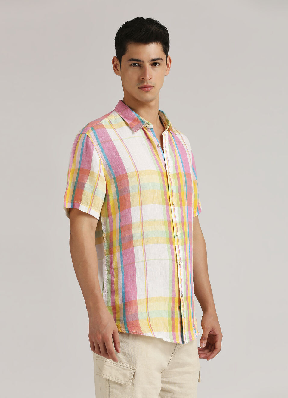 Yellow Yarn Dyed Plaid Pure Linen Short Sleeve Shirt, , large image number 3