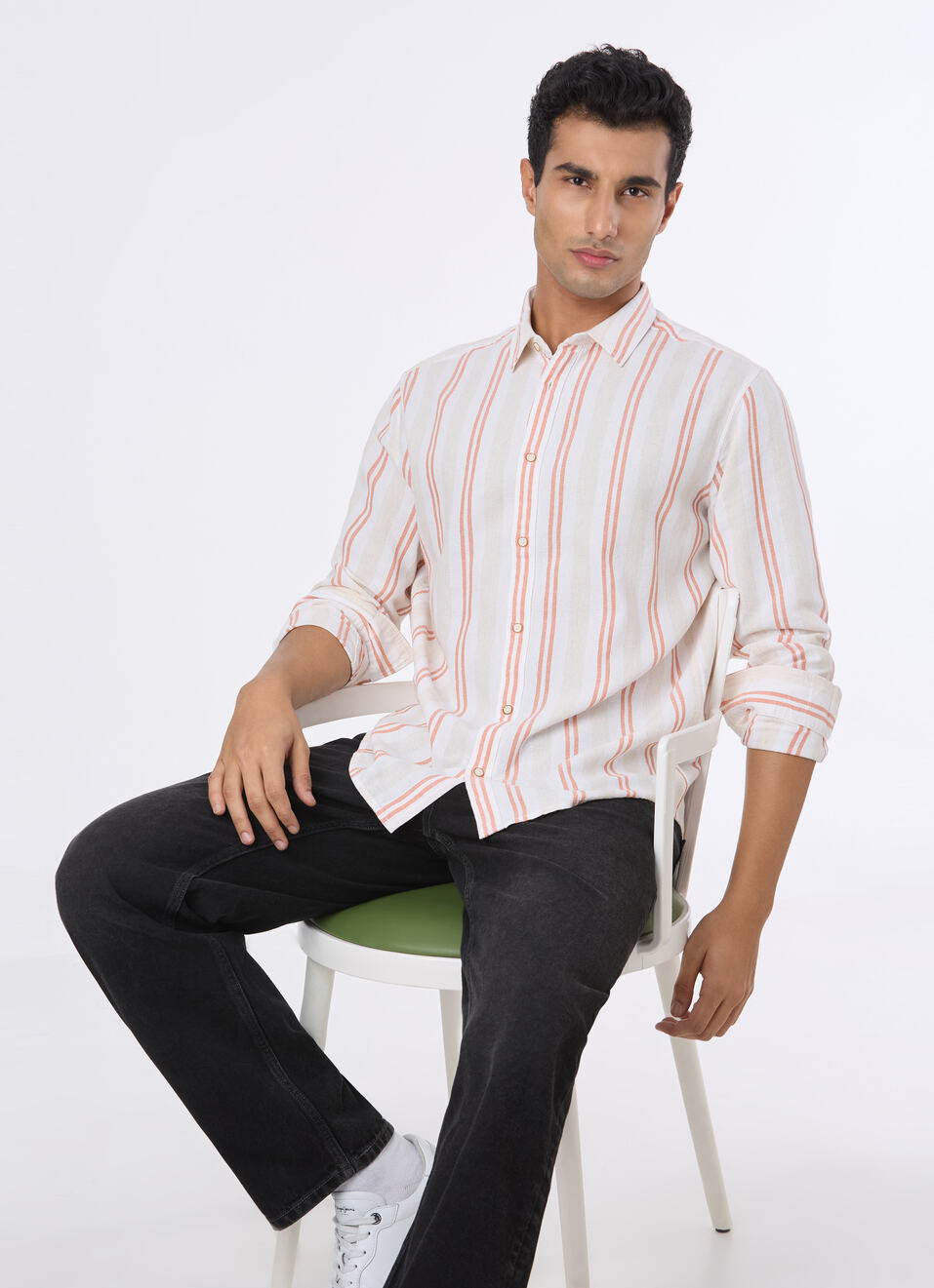 Men Natural Beige Stripe Full Sleeve Shirt, , large image number 0