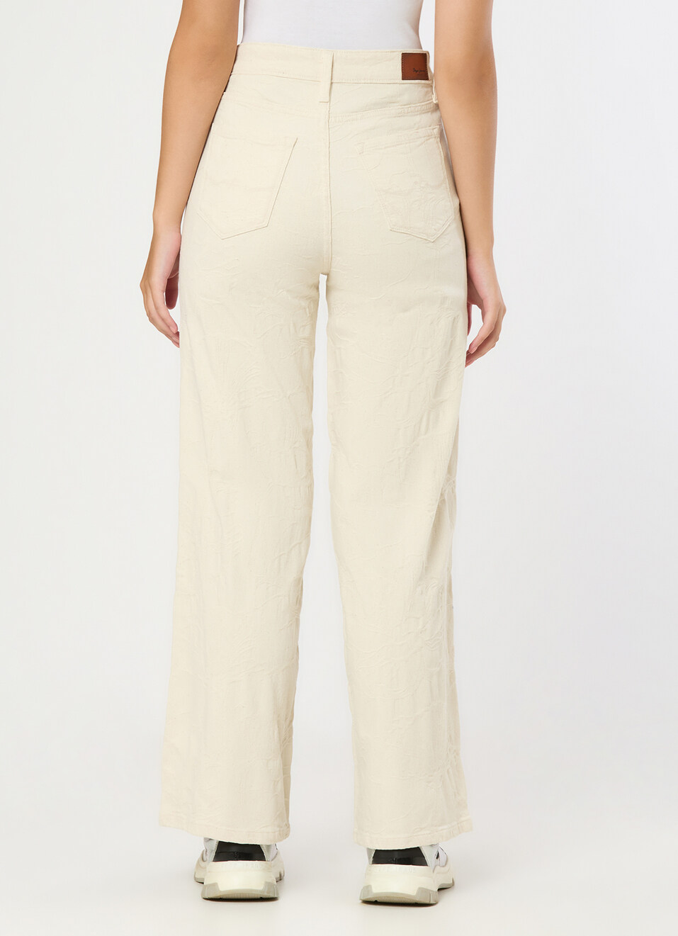 Women Ecru Floral Jacquard Wide Leg Jeans, , large image number 2