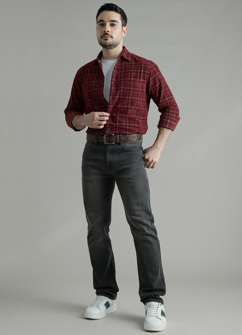 Men Wine Checked Corduroy Long Sleeve Shirt, , large image number 5