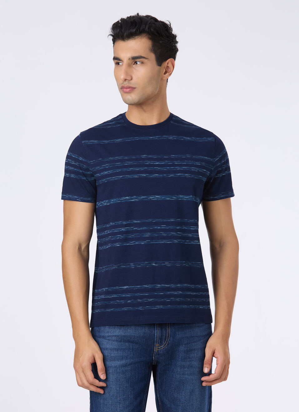 Men Blue Textured Stripe Slim Short Sleeve T-shirt, , large image number 1
