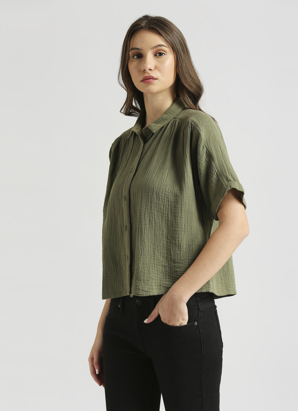 Olive Front Yoke Extended Shoulder Shirt, , large image number 3