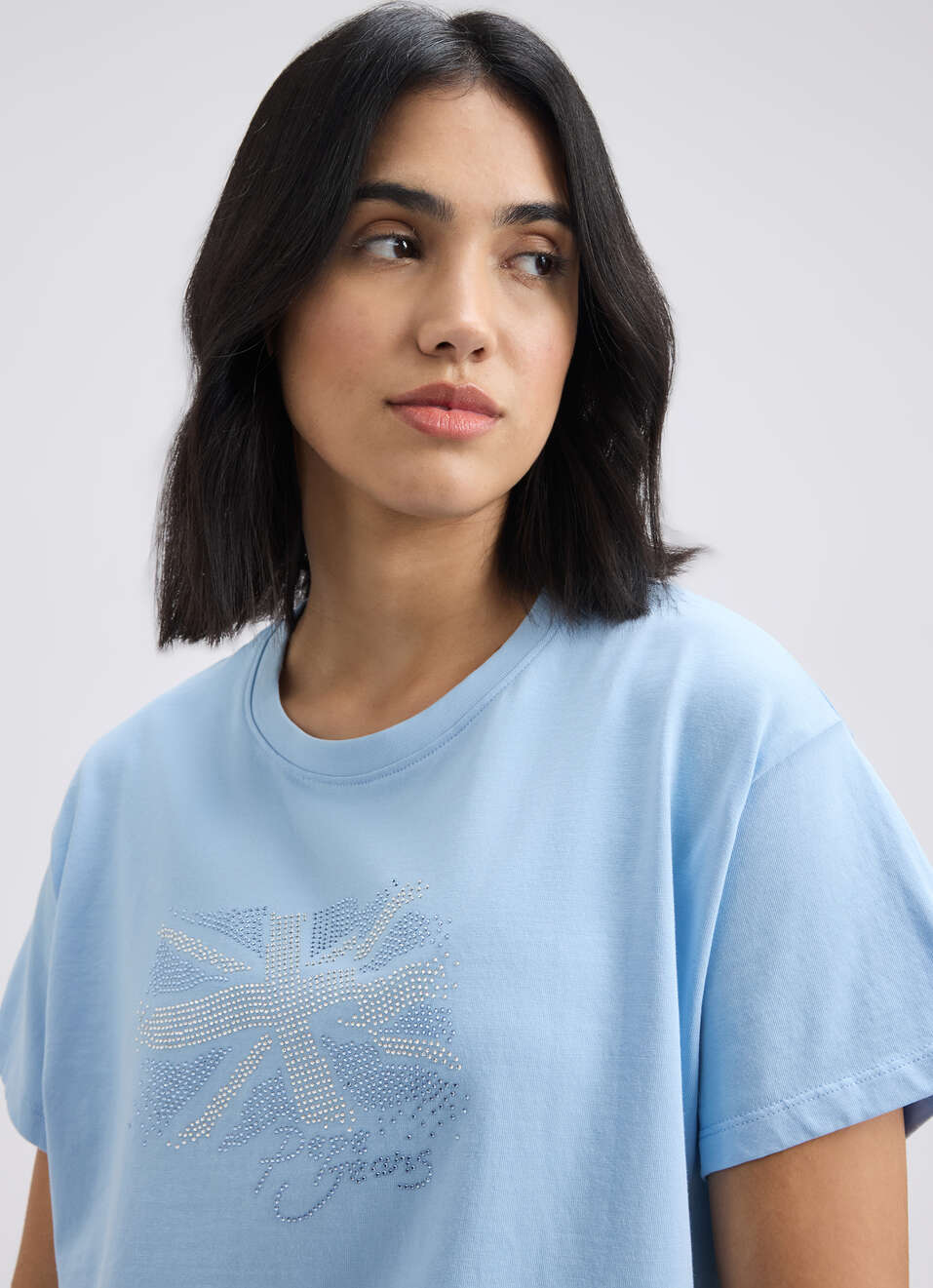 Women Blue Embellished Union Jack Print Short Sleeve T-shirt, , large image number 4