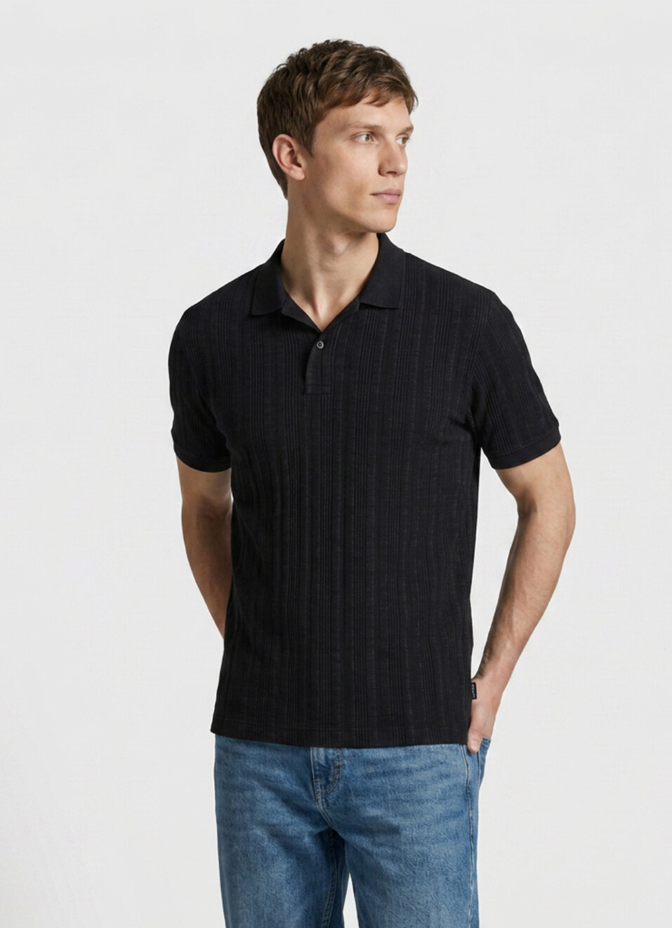 Men Black Striped Polo Collar T-shirt, , large image number 3