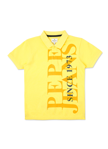 Boys Pop Yellow Brand Print Pique Short Sleeve Polo