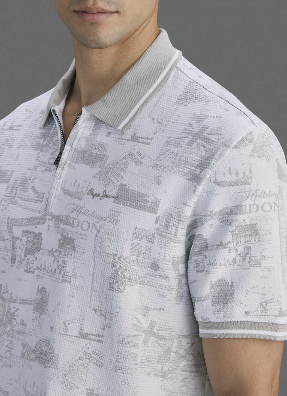 Men Grey Printed Polo Collar T-shirt, , large image number 1