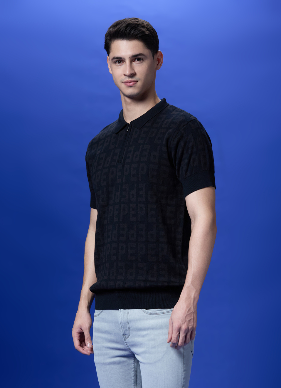 Black Short Sleeve Zipper Polo, , large image number 3