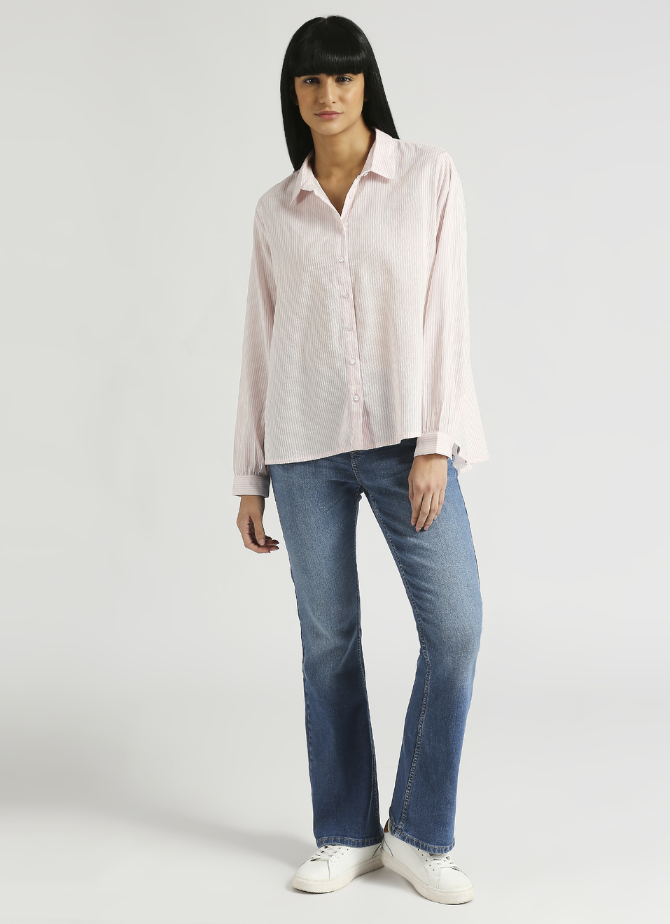 Pink Narrow Stripes High Low Hem Long Sleeve Shirt, , large image number 5
