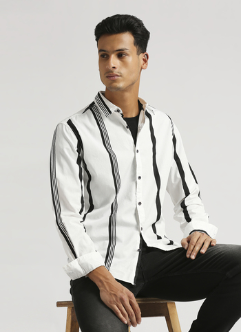 White Narrow Stripes Twill Long Sleeve Shirt
