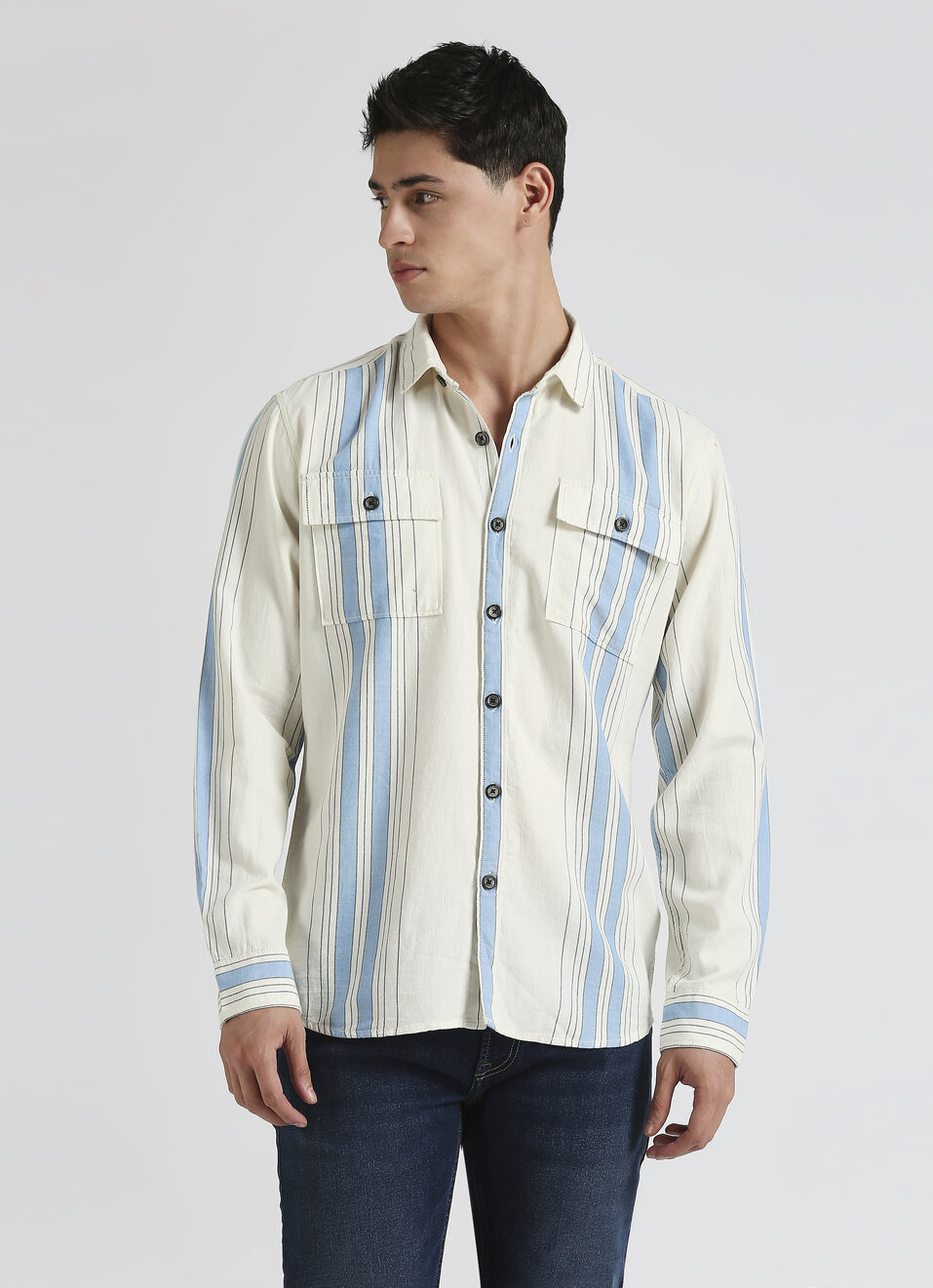 Ecru Stripes Long Sleeve Double Pocket Shirt, , large image number 0