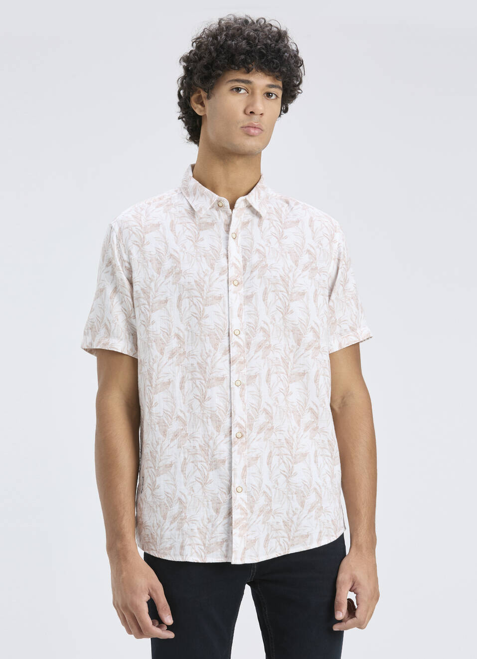 Men Peach Orange Botanical Print Short Sleeve Shirt, , large image number 1