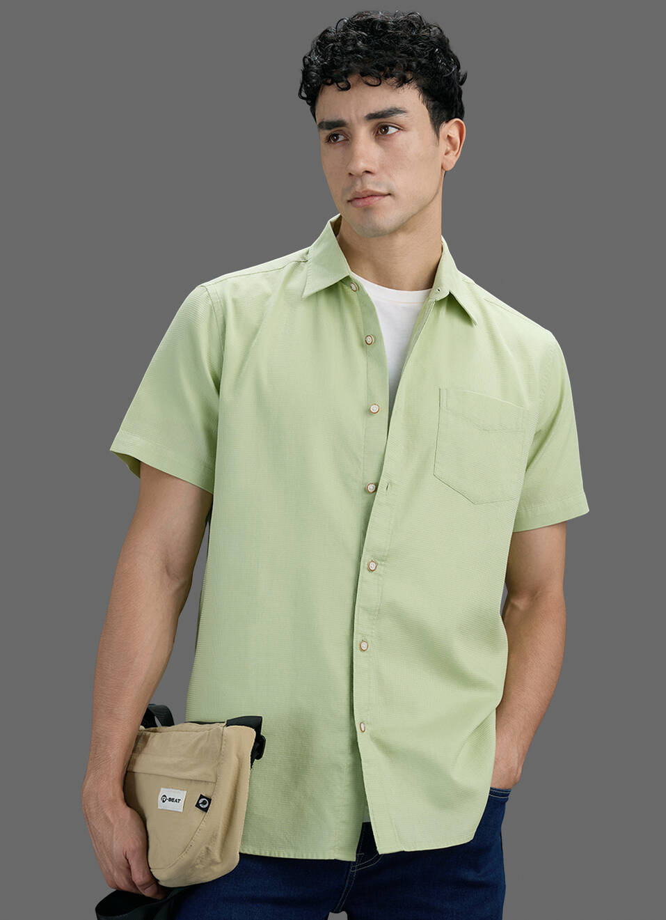 Men Lime Green Solid Dobby Short Sleeve Shirt, , large image number 0