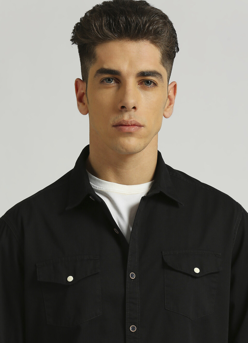 Black Solid Double Pocket Long Sleeve Shirt, , large image number 4