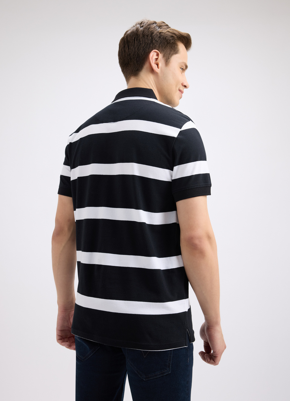 Men Black Stripe Short Sleeve Stretch Polo, , large image number 2
