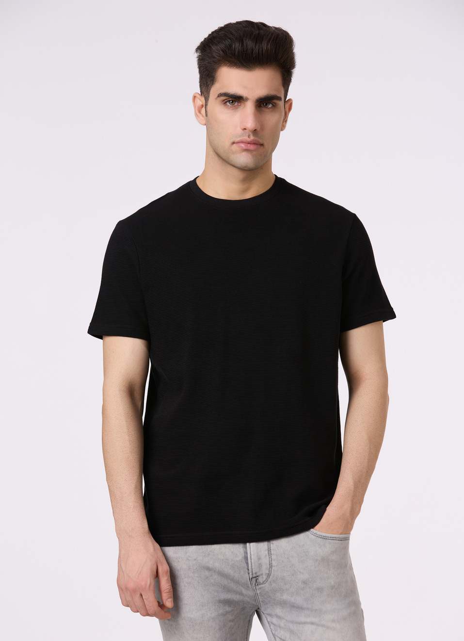 Men Black Ottoman Stripe Short Sleeve T-shirt, , large image number 1