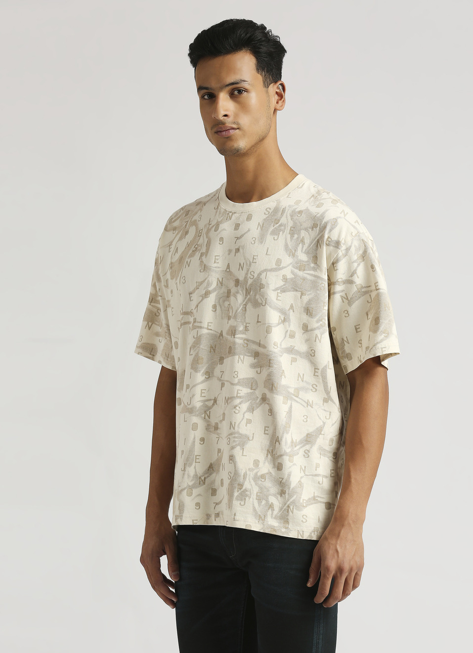 Ivory Oversized Abstract Print Typographic Short Sleeve T-shirt, , large image number 0